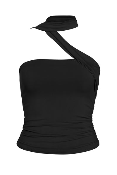 Top tubo de fit ajustado, escote recto, plisados en costados y detalle lateral de choker cruzado.