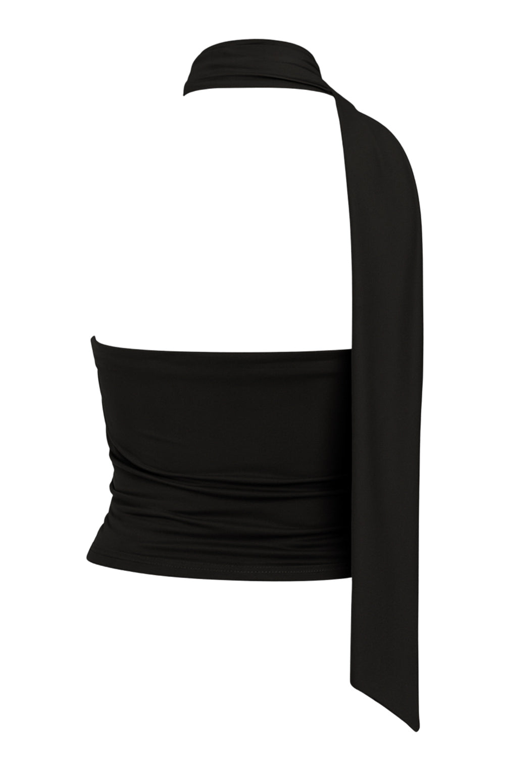 Top tubo de fit ajustado, escote recto, plisados en costados y detalle lateral de choker cruzado.