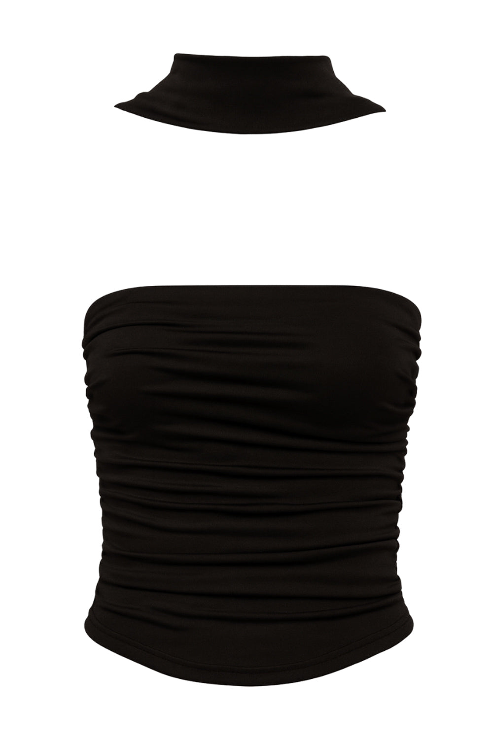 Top tubo de fit ajustado, escote recto con detalles plisados laterales y detalle de pañuelo en cuello.