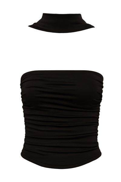 Top tubo de fit ajustado, escote recto con detalles plisados laterales y detalle de pañuelo en cuello.