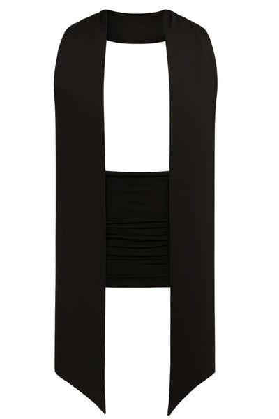 Top tubo de fit ajustado, escote recto con detalles plisados laterales y detalle de pañuelo en cuello.