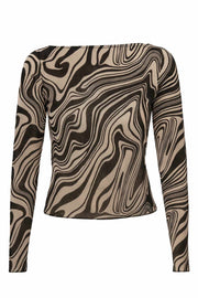 Top estampado de mesh, fit ajustado, manga larga y cuello barco.