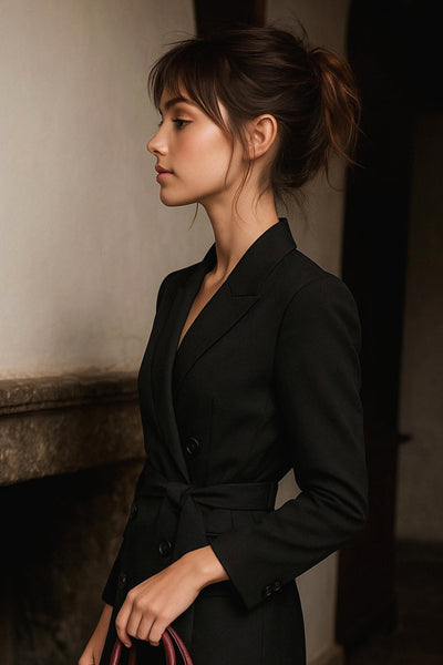 Vestido blazer corto cruzado de corte en a, manga larga, con hombreras y solapa. Cruce frontal con doble botón en contraste, bolsillos delanteros con cartera, trabillas y cinturón amarrable del mismo tejido.