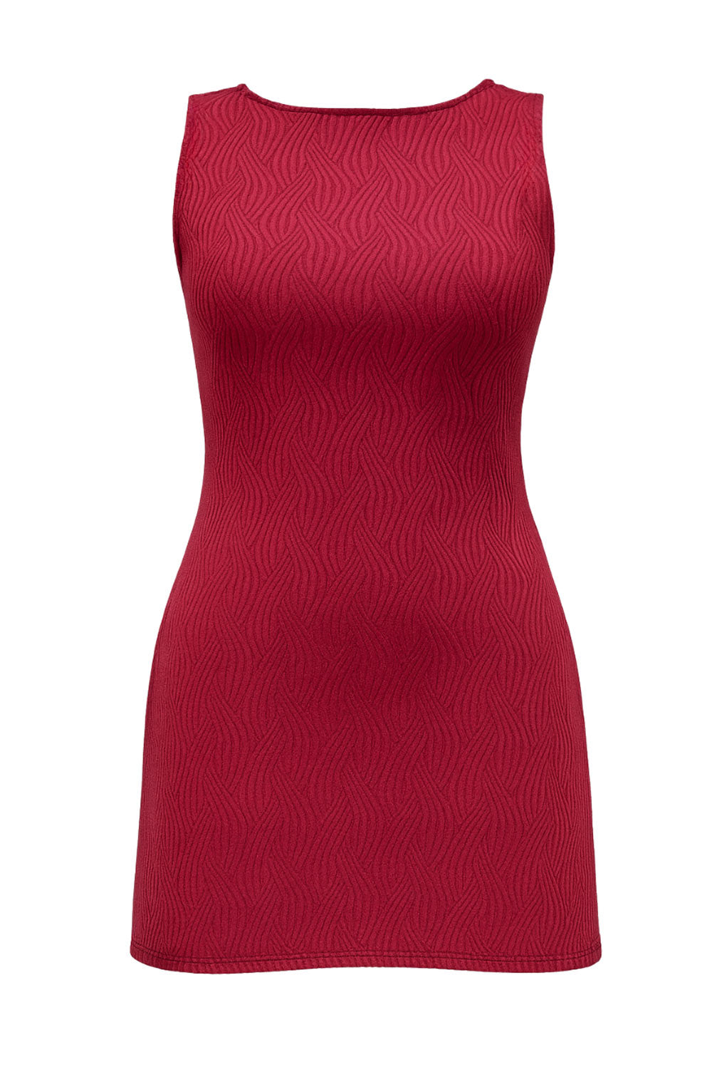 Vestido corto de fit recto, sin mangas, cuello barco y escote en espalda con lazo amarrable posterior. Detalle de textura en tejido.