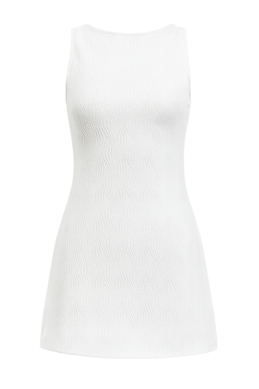 Vestido corto de fit recto, sin mangas, cuello barco y escote en espalda con lazo amarrable posterior. Detalle de textura en tejido.