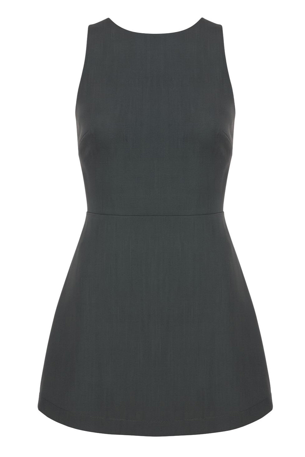 Vestido corto básico de fit ajustado, cuello barco, sin mangas, cortes frontales y cierre posterior con cremallera oculta.