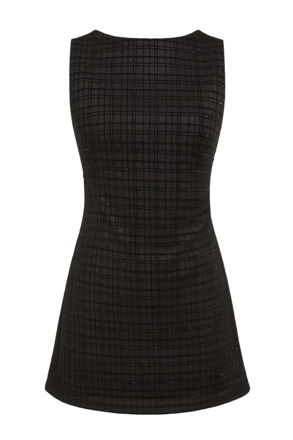 Vestido corto de bouclé, cuello barco, sin mangas, fit ajustado y cierre posterior con cremallera visible en contraste.