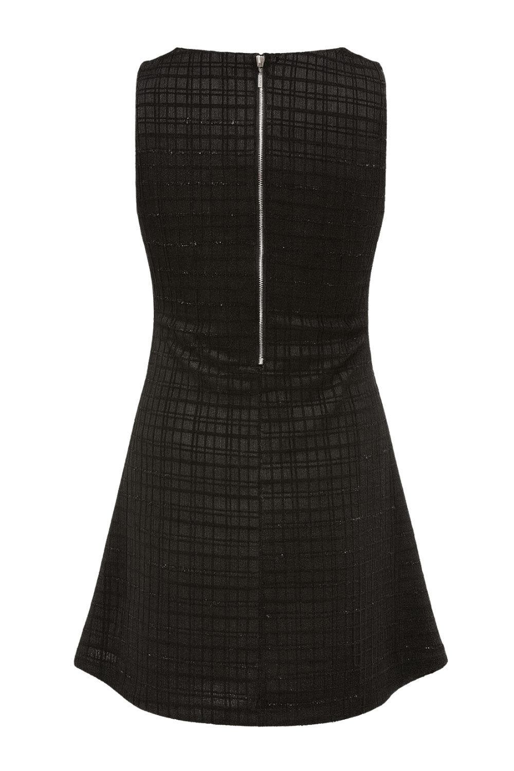 Vestido corto de bouclé, cuello barco, sin mangas, fit ajustado y cierre posterior con cremallera visible en contraste.