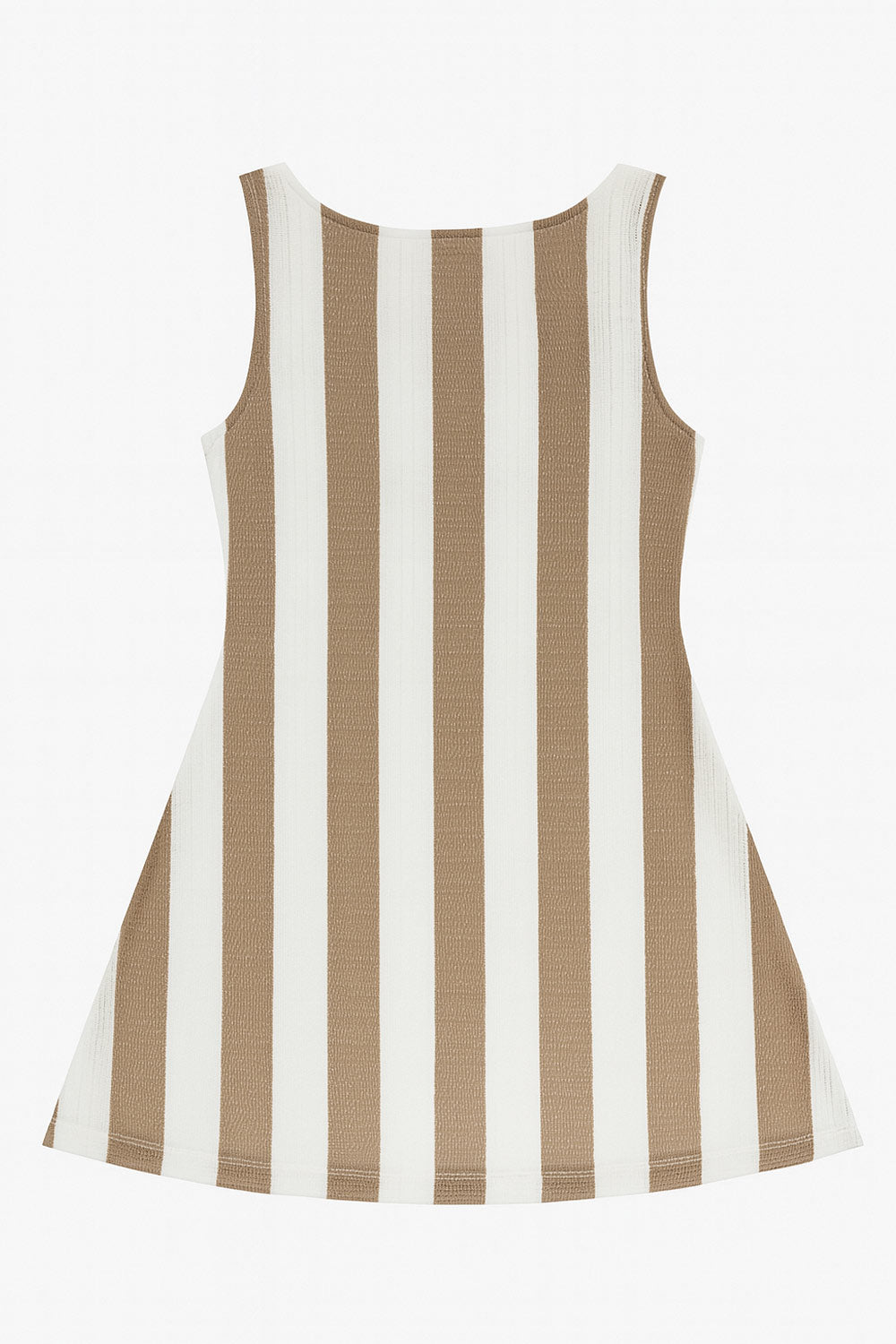 Vestido corto de estampado rayas, crochet de punto abierto, fit recto, sin mangas, cuello barco y escote en espalda con lazo amarrable posterior.