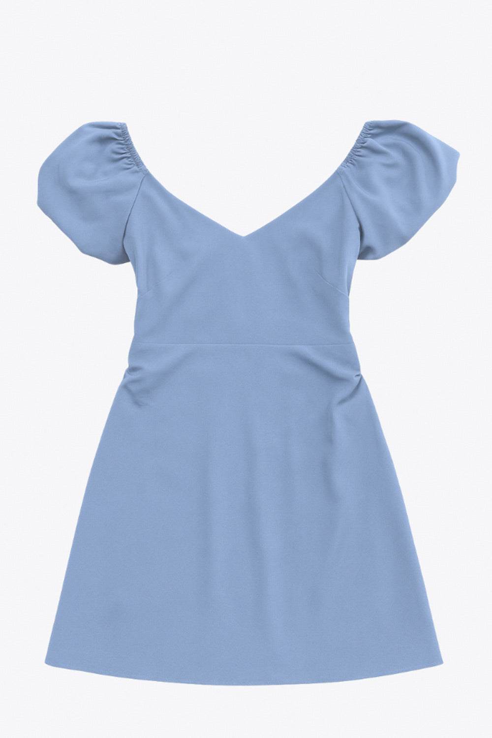 Vestido corto de fit ajustado, manga corta abullonada con rib elástico en bordes, corte en cintura, cut out en espalda con doble elástico plisado y cierre posterior con cremallera oculta.