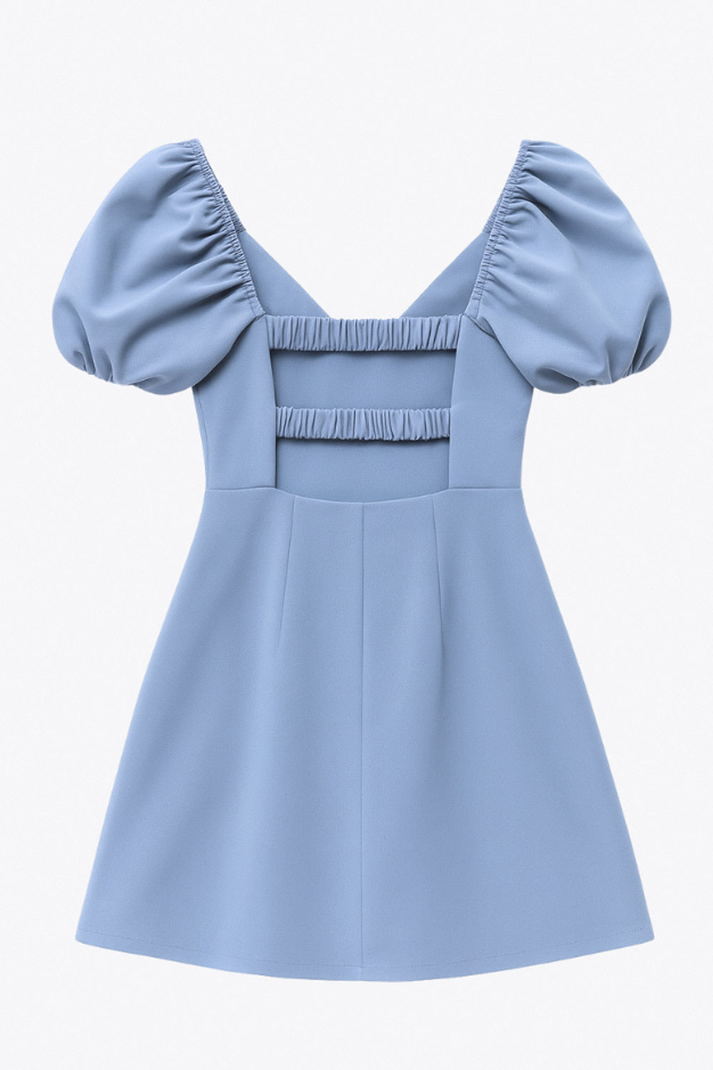 Vestido corto de fit ajustado, manga corta abullonada con rib elástico en bordes, corte en cintura, cut out en espalda con doble elástico plisado y cierre posterior con cremallera oculta.