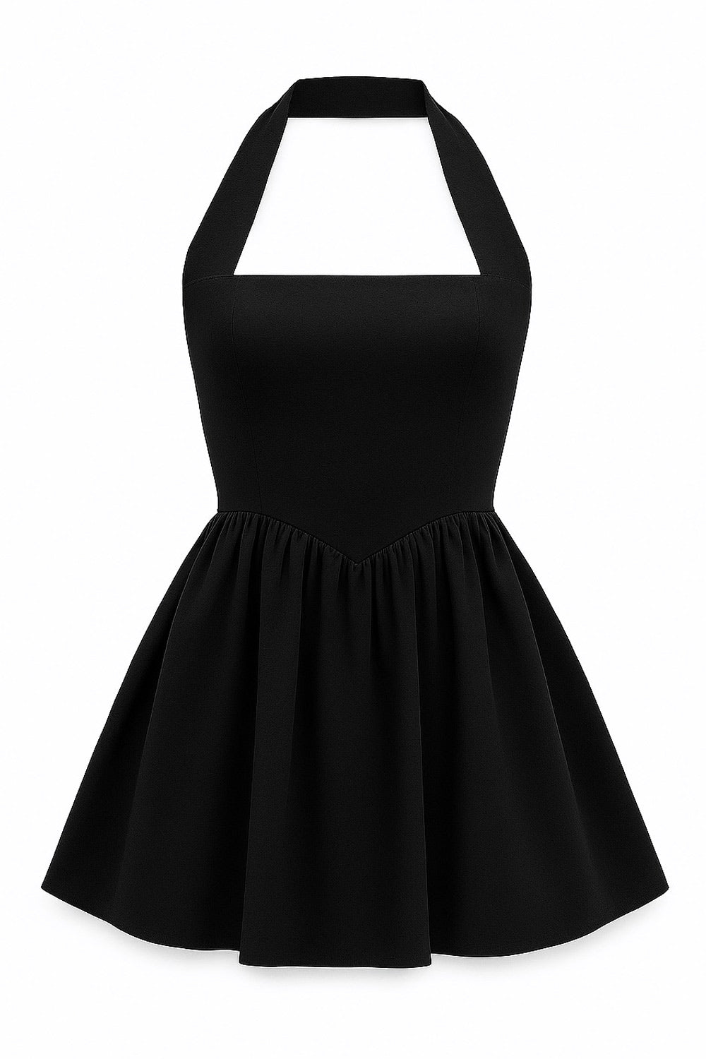 Vestido corto de cuello halter, sin mangas, escote recto, corte en a, corte v en cintura con plisados y fruncido en espalda.