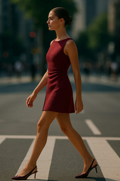 Vestido corto de cuello barco, sin mangas, plisados laterales en cintura, corte en a, rib en bordes y detalle de textura en tejido.