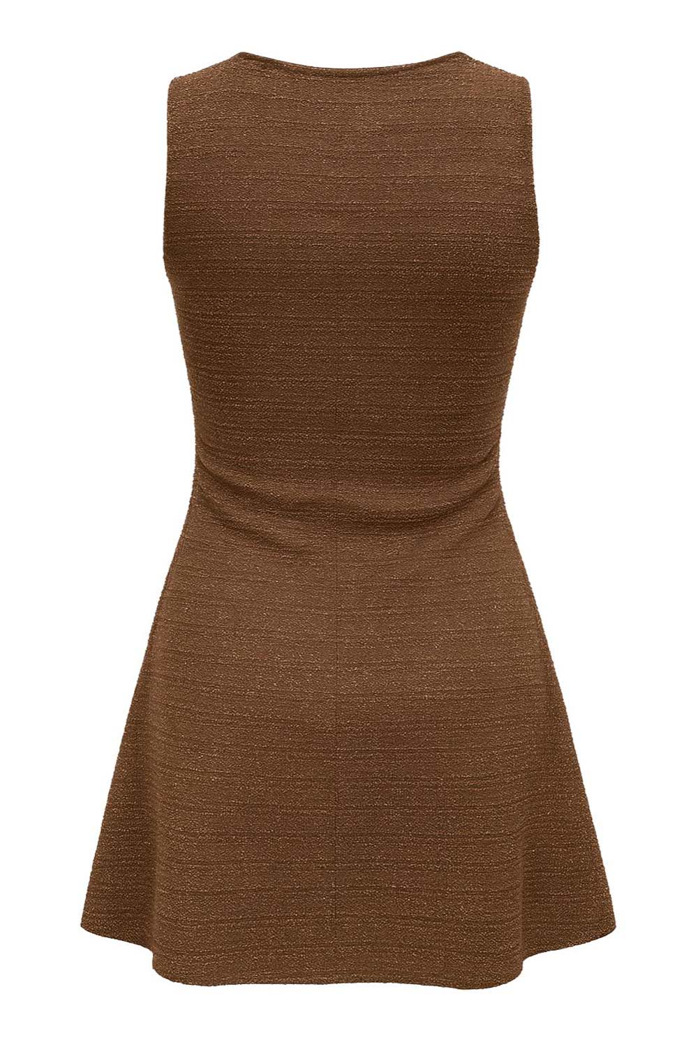 Vestido corto de cuello barco, sin mangas, plisados laterales en cintura, corte en a, rib en bordes y detalle de textura en tejido.