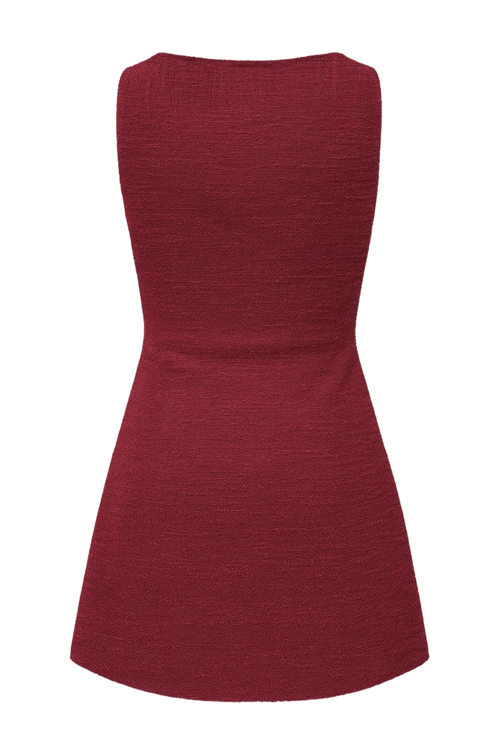 Vestido corto de cuello barco, sin mangas, plisados laterales en cintura, corte en a, rib en bordes y detalle de textura en tejido.