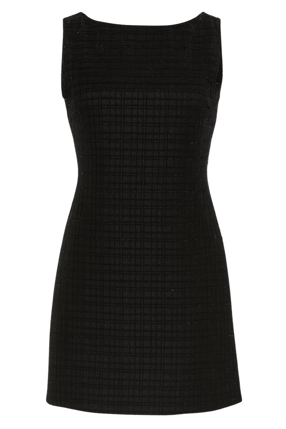 Vestido corto de bouclé, fit recto, sin mangas, cuello barco y escote en espalda con lazo amarrable posterior. Detalle de textura en tejido.