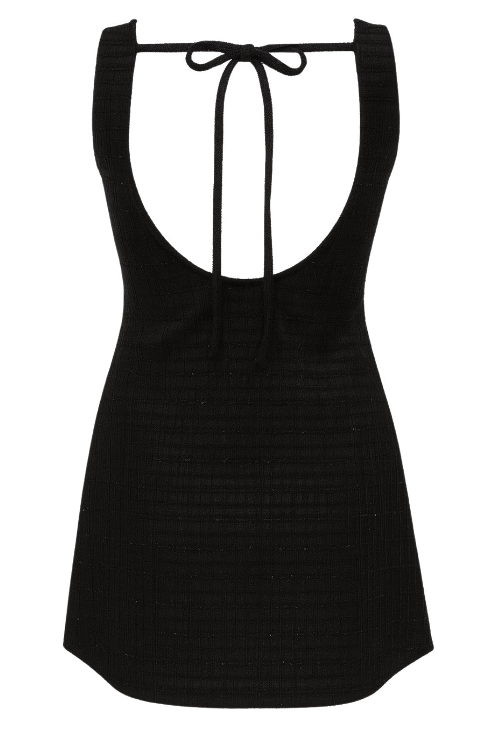 Vestido corto de bouclé, fit recto, sin mangas, cuello barco y escote en espalda con lazo amarrable posterior. Detalle de textura en tejido.