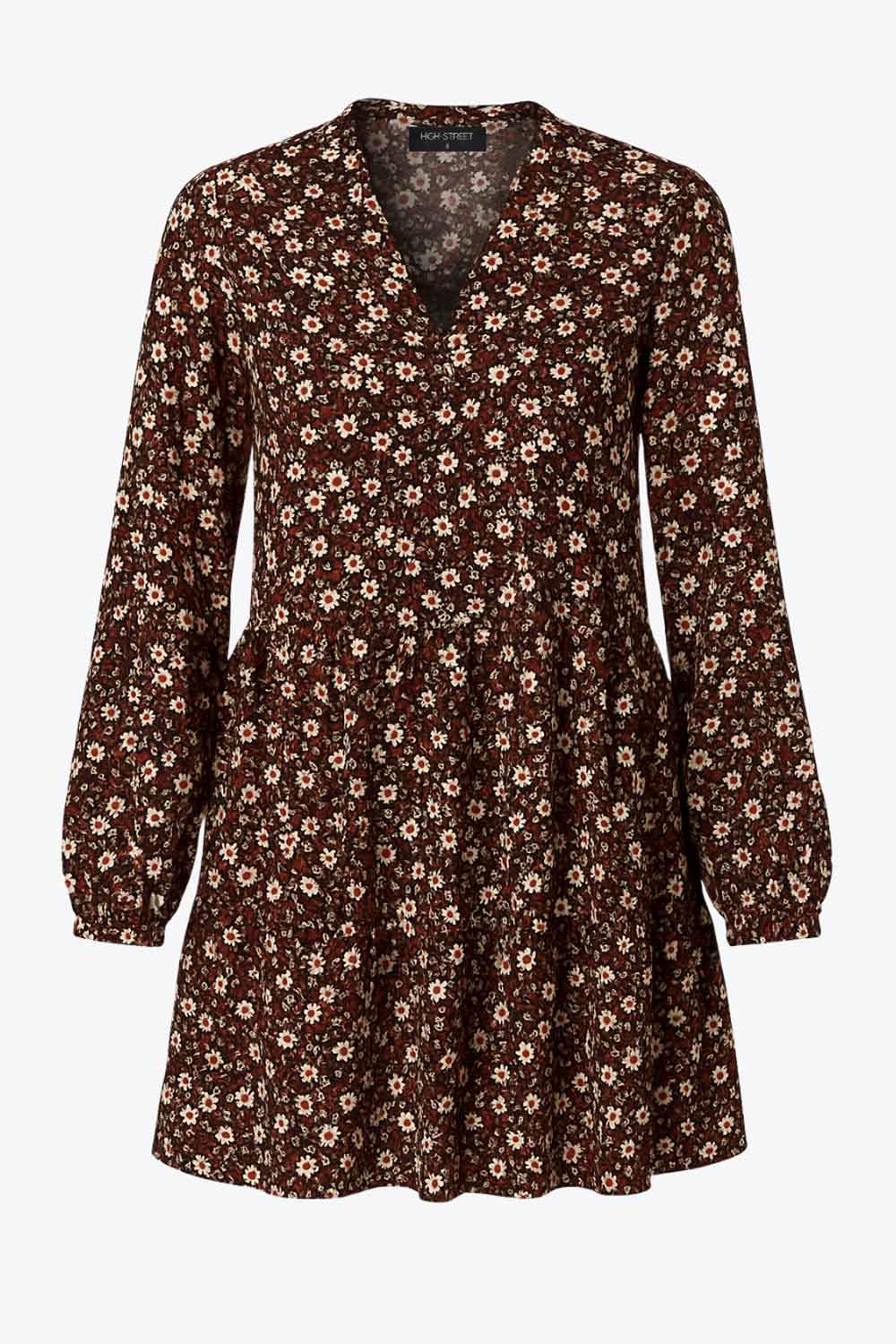 Vestido corto de estampado floral, fit fluido, manga larga con puño abotonado, escote v cruzado y plisado en cintura con olanes en bajo.