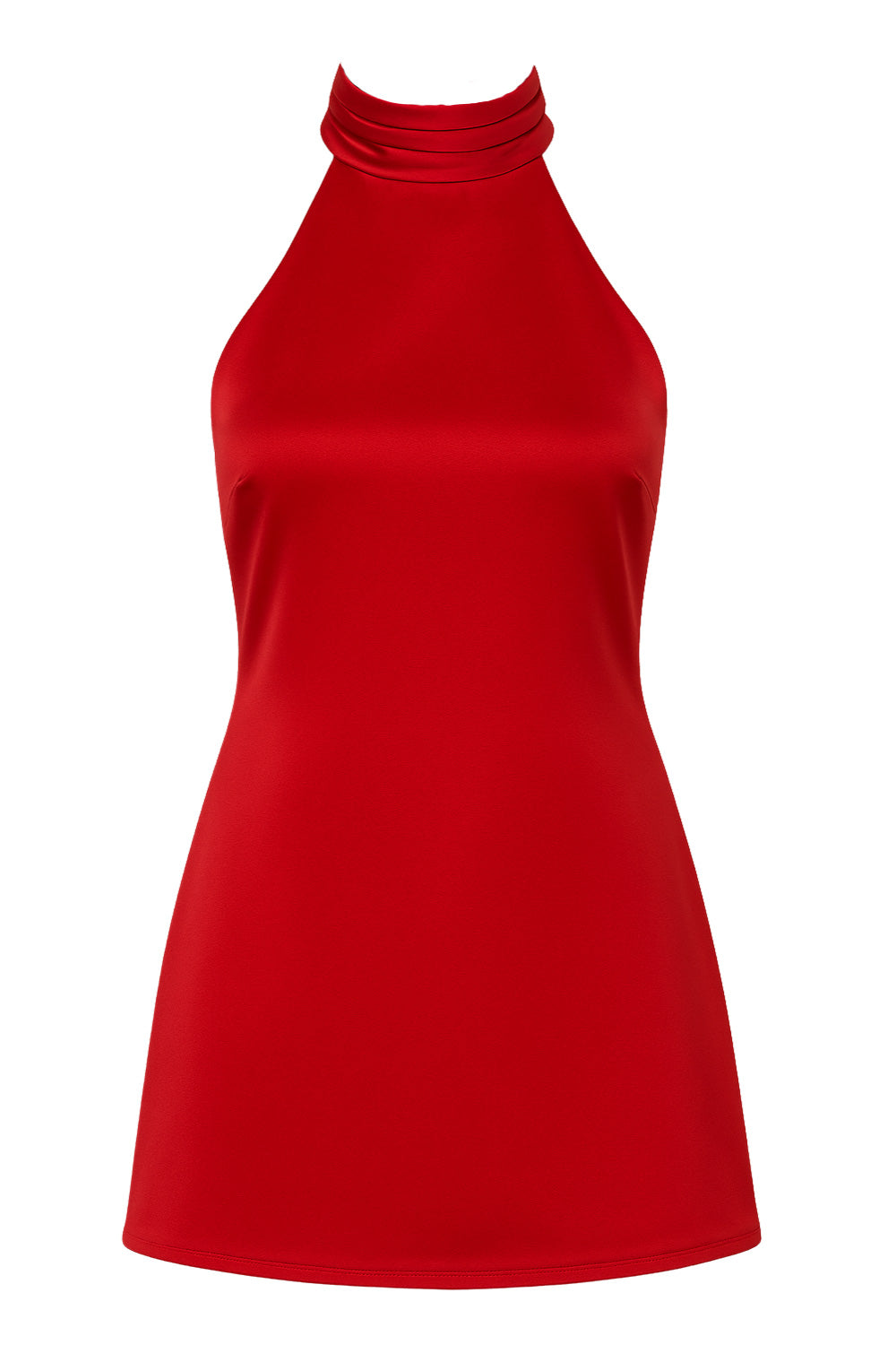 Vestido corto satinado de fit ajustado, cuello halter alto con plisados decorativos, sin mangas, escote en espalda, cierre posterior con botón, ojal y cremallera oculta.