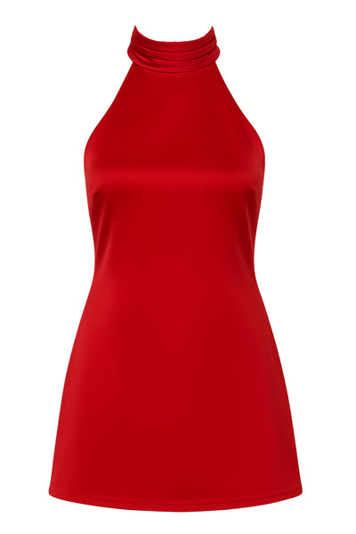 Vestido corto satinado de fit ajustado, cuello halter alto con plisados decorativos, sin mangas, escote en espalda, cierre posterior con botón, ojal y cremallera oculta.