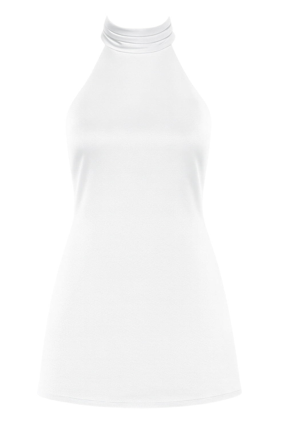 Vestido corto satinado de fit ajustado, cuello halter alto con plisados decorativos, sin mangas, escote en espalda, cierre posterior con botón, ojal y cremallera oculta.