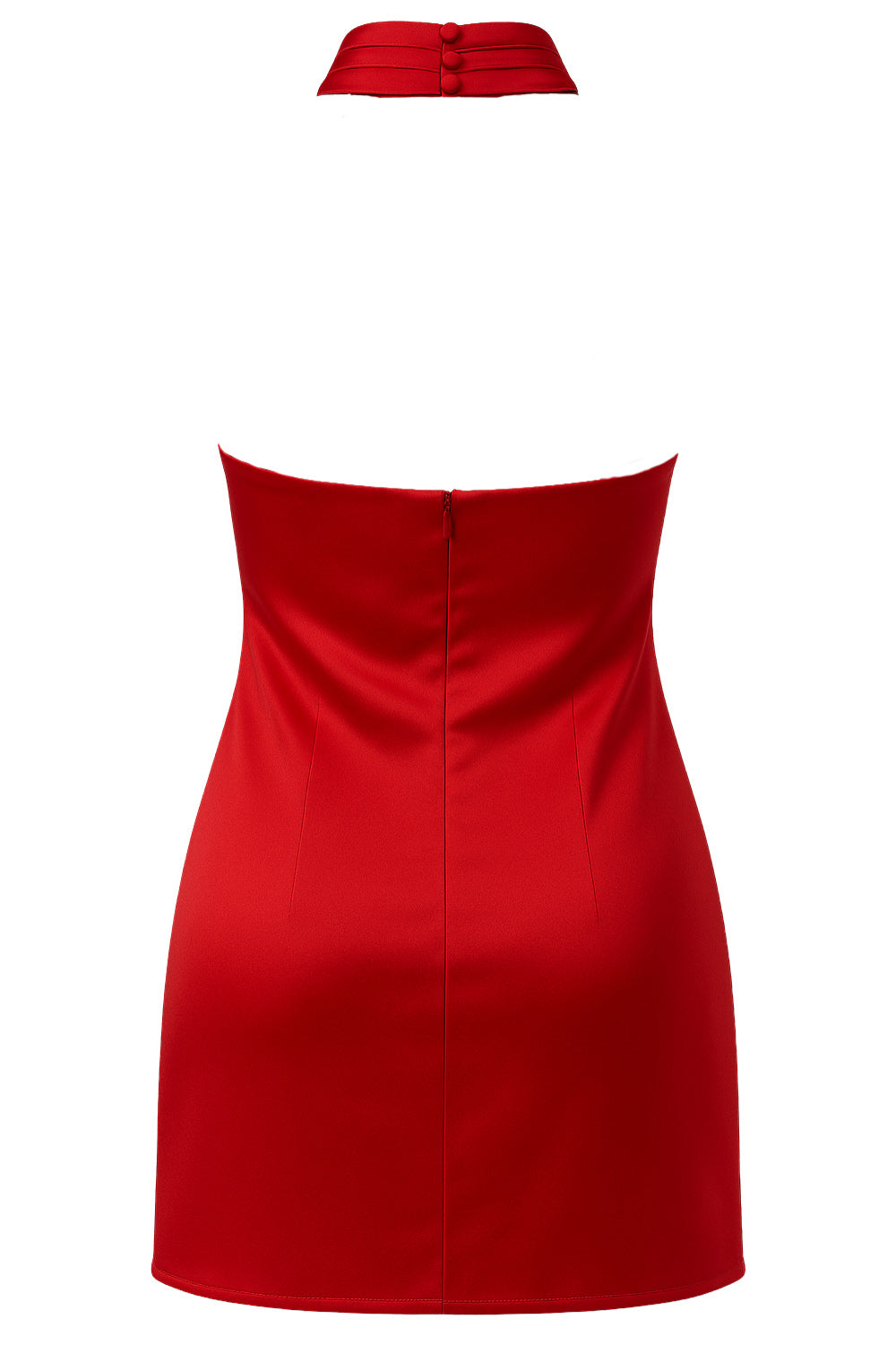 Vestido corto satinado de fit ajustado, cuello halter alto con plisados decorativos, sin mangas, escote en espalda, cierre posterior con botón, ojal y cremallera oculta.