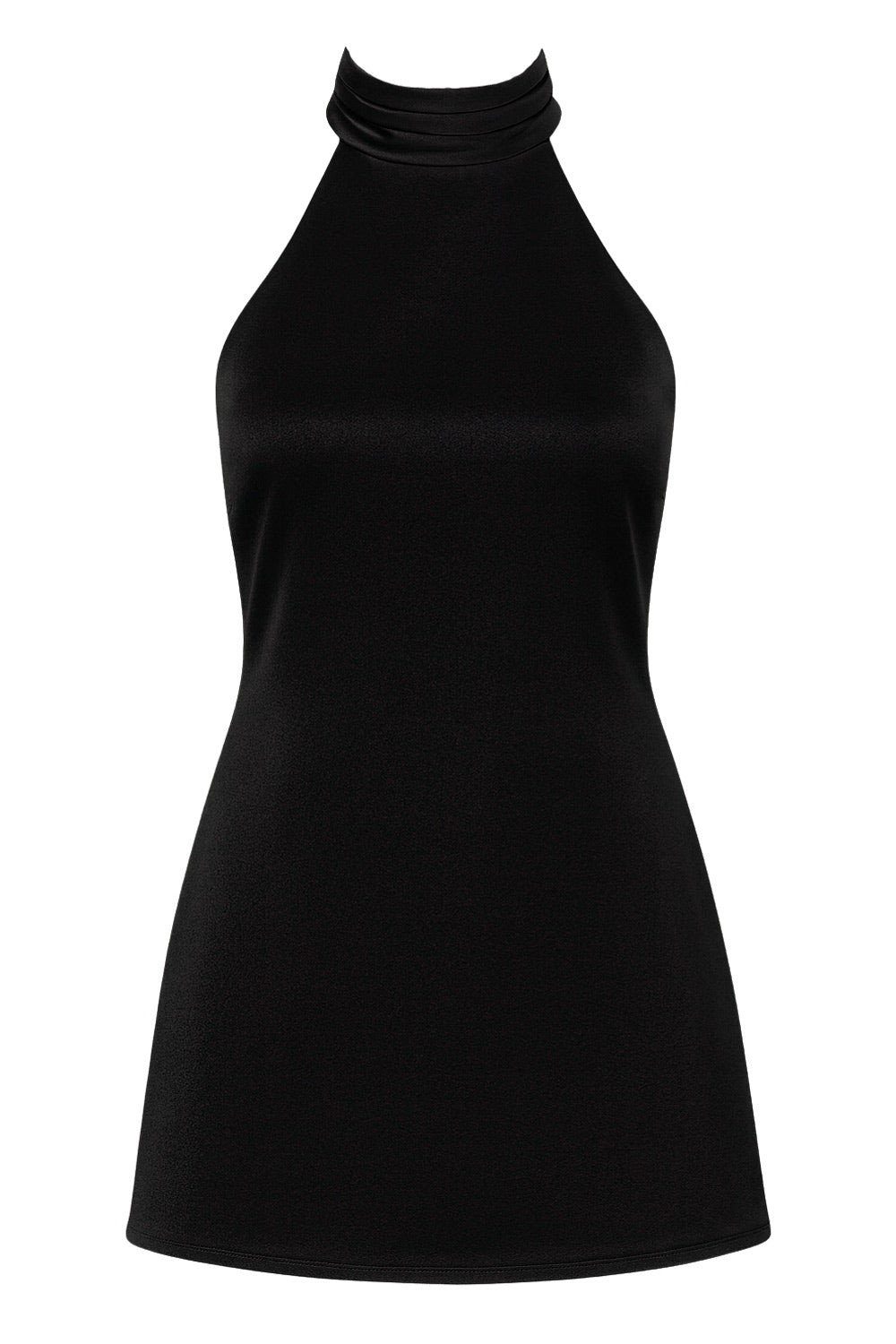 Vestido corto satinado de fit ajustado, cuello halter alto con plisados decorativos, sin mangas, escote en espalda, cierre posterior con botón, ojal y cremallera oculta.