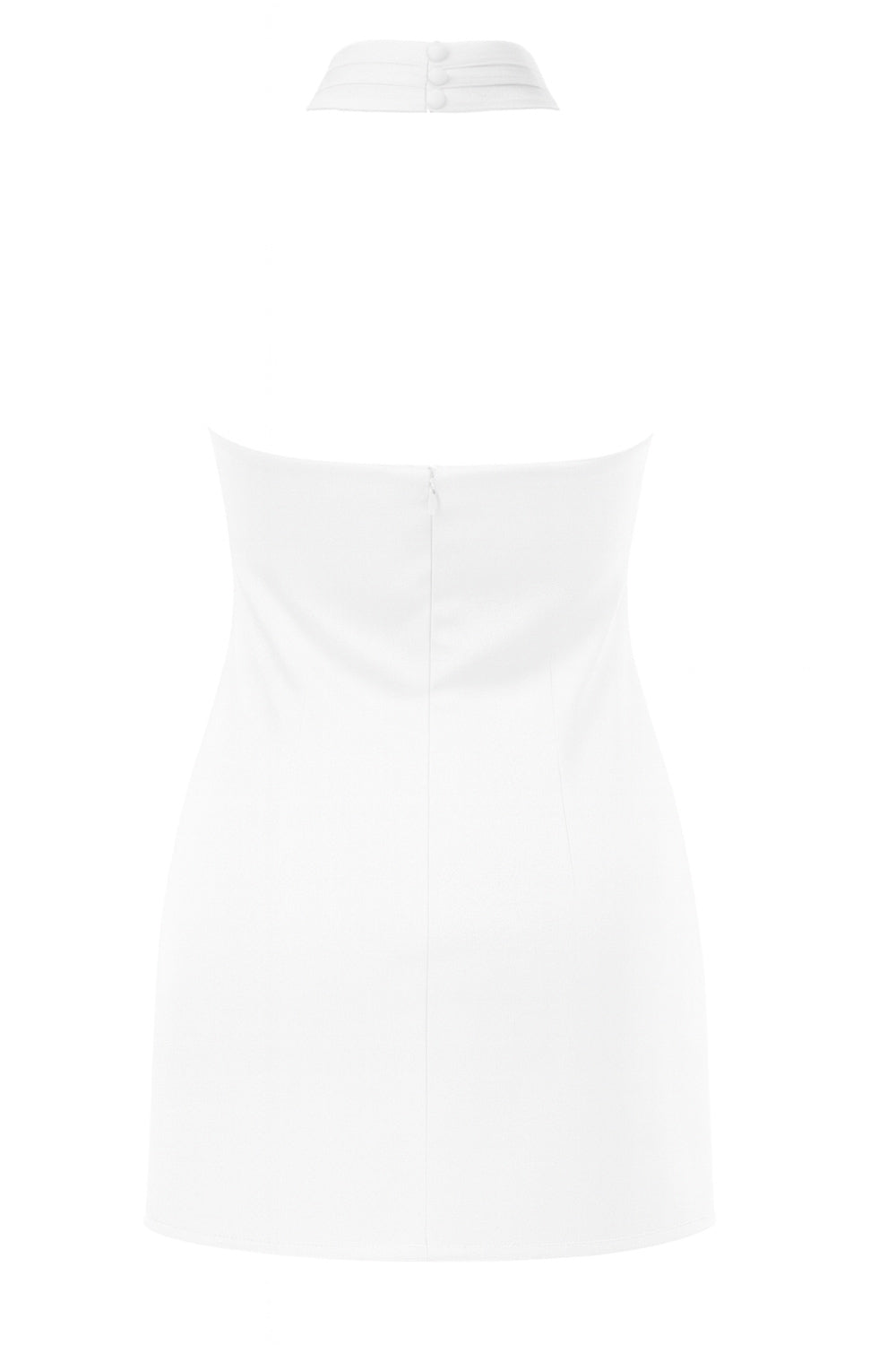 Vestido corto satinado de fit ajustado, cuello halter alto con plisados decorativos, sin mangas, escote en espalda, cierre posterior con botón, ojal y cremallera oculta.