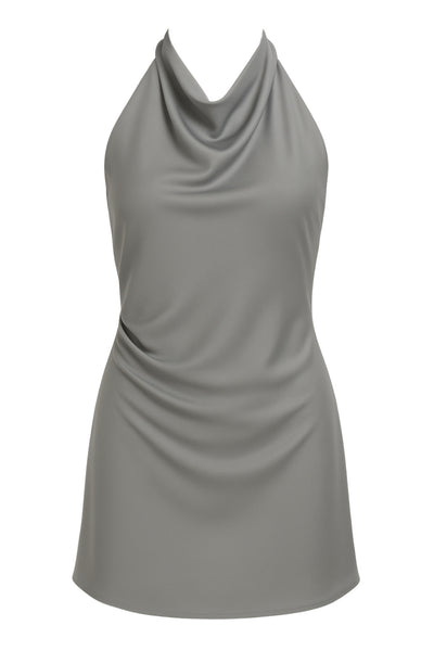 Vestido corto de cuello halter con lazo amarrable posterior, escote fluido, fit recto y escote en espalda.