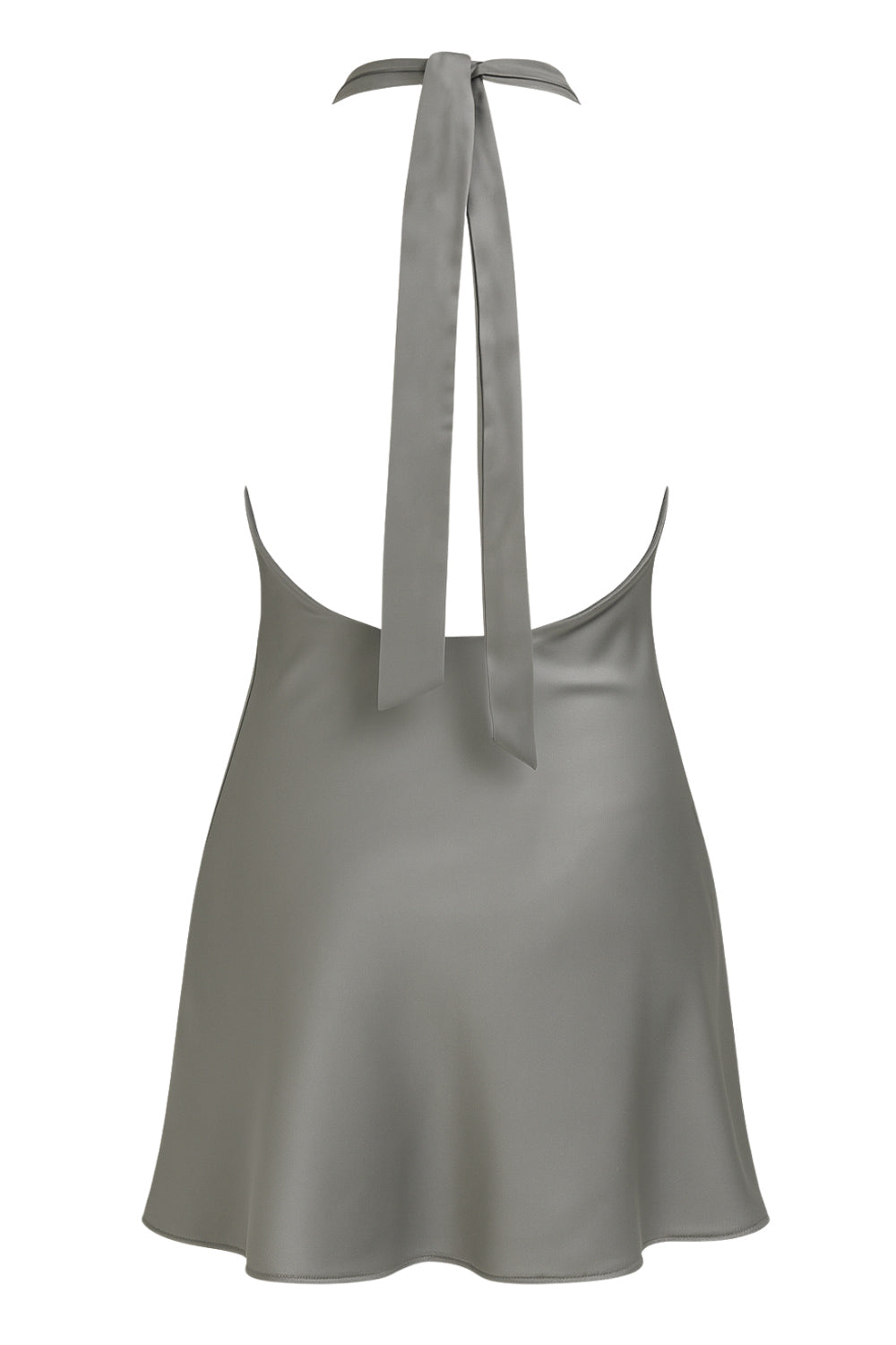 Vestido corto de cuello halter con lazo amarrable posterior, escote fluido, fit recto y escote en espalda.