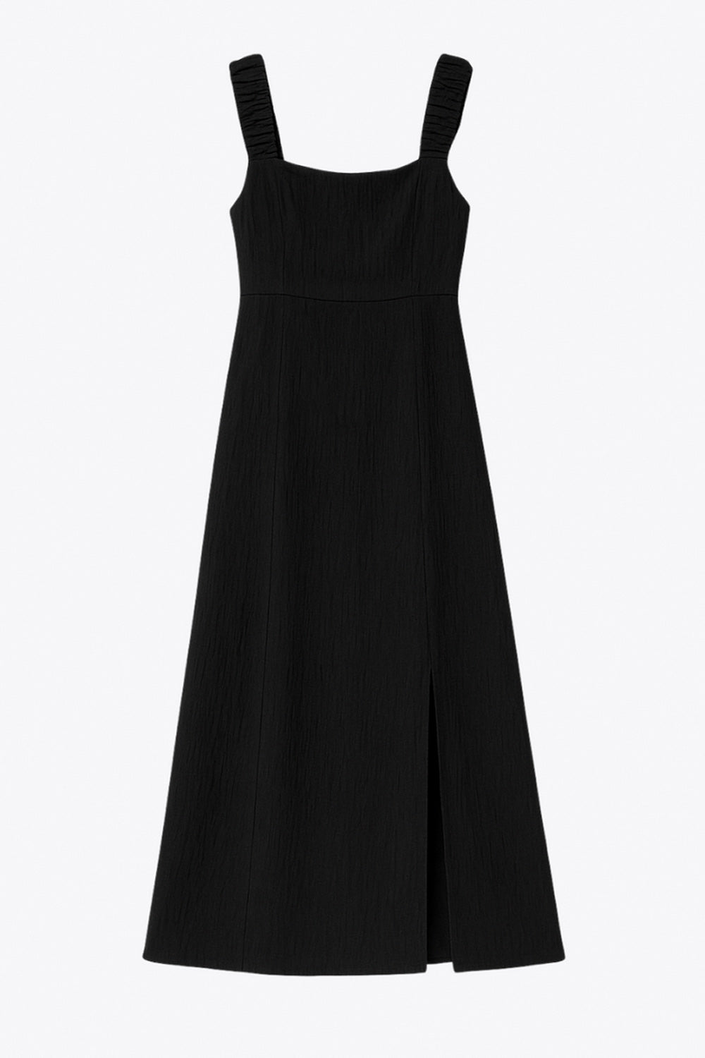 Vestido midi de fit recto, escote redondeado, corte frontal, tirantes elásticos con plisados y escote en espalda con lazado ajustable. Abertura frontal en bajo, rib elástico y cremallera oculta posterior.
