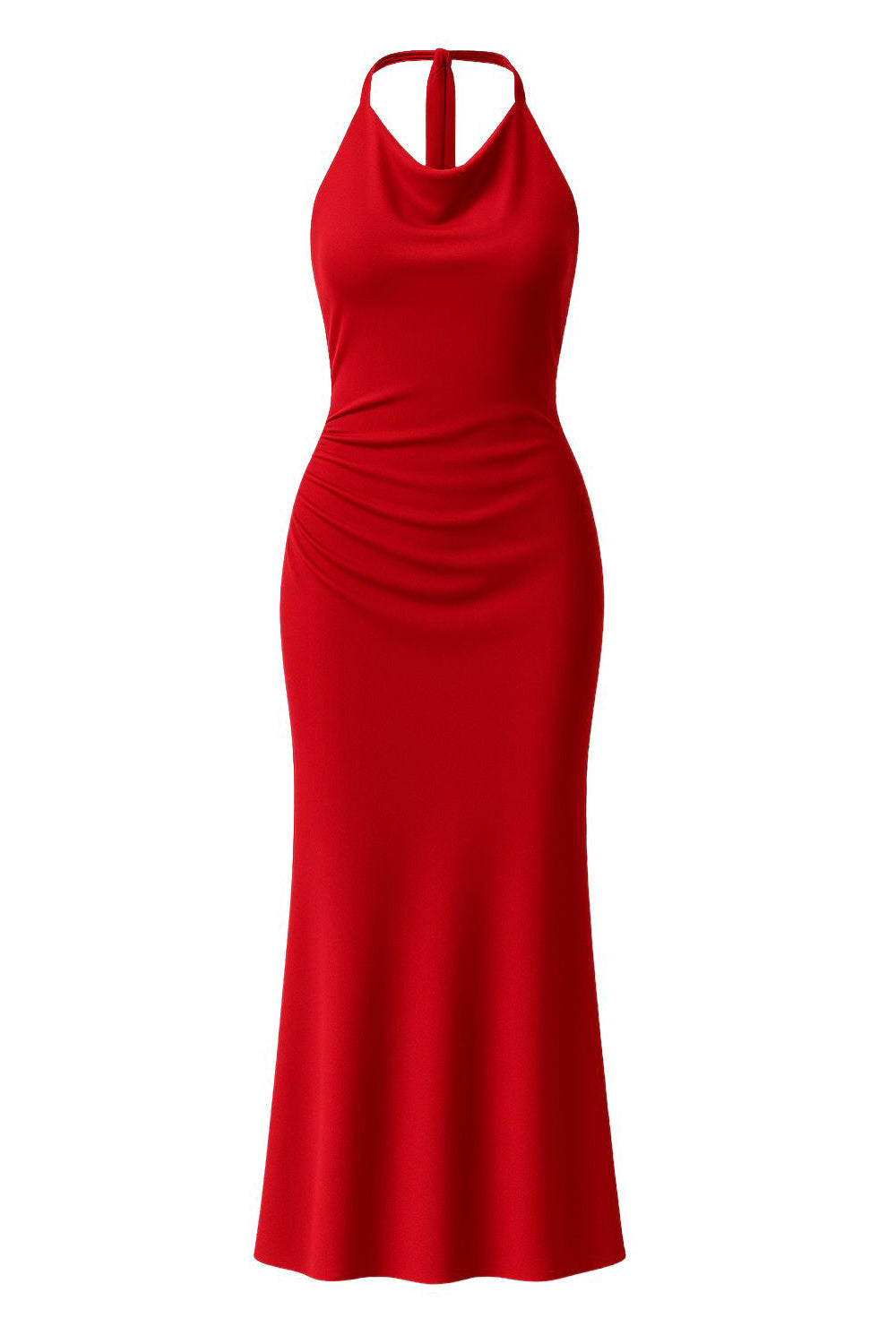 Vestido largo satinado de cuello halter fluido con lazo amarrable posterior y escote en espalda.