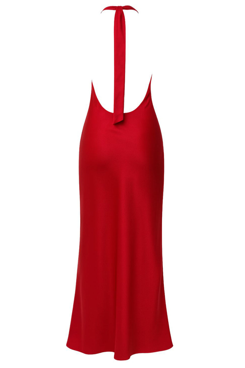 Vestido largo satinado de cuello halter fluido con lazo amarrable posterior y escote en espalda.