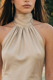 Vestido largo de fit fluido, cuello alto halter con plisados, sin mangas y nudo amarrable posterior. Detalle de escote en espalda y plisados decorativos posteriores. Cierre posterior con cremallera oculta.