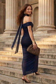 Vestido largo plisado de mesh, fit ajustado, hombros descubiertos, manga corta seguida, escote recto con plisados frontales, en hombros y costados. Detalle de transparencia en bajo y choker.
