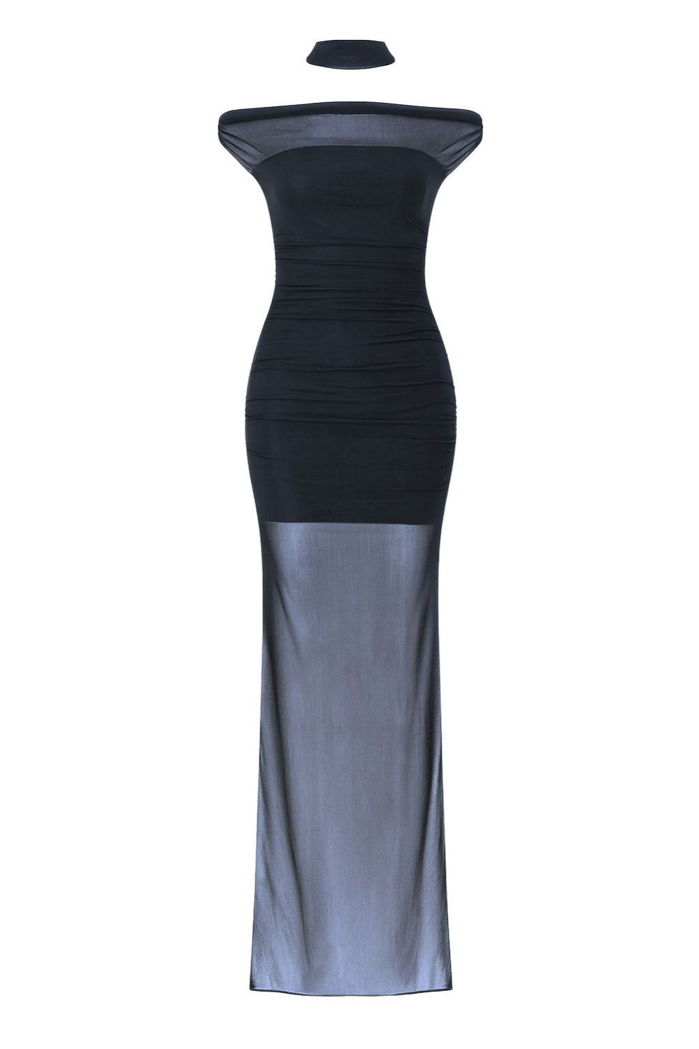 Vestido largo plisado de mesh, fit ajustado, hombros descubiertos, manga corta seguida, escote recto con plisados frontales, en hombros y costados. Detalle de transparencia en bajo y choker.