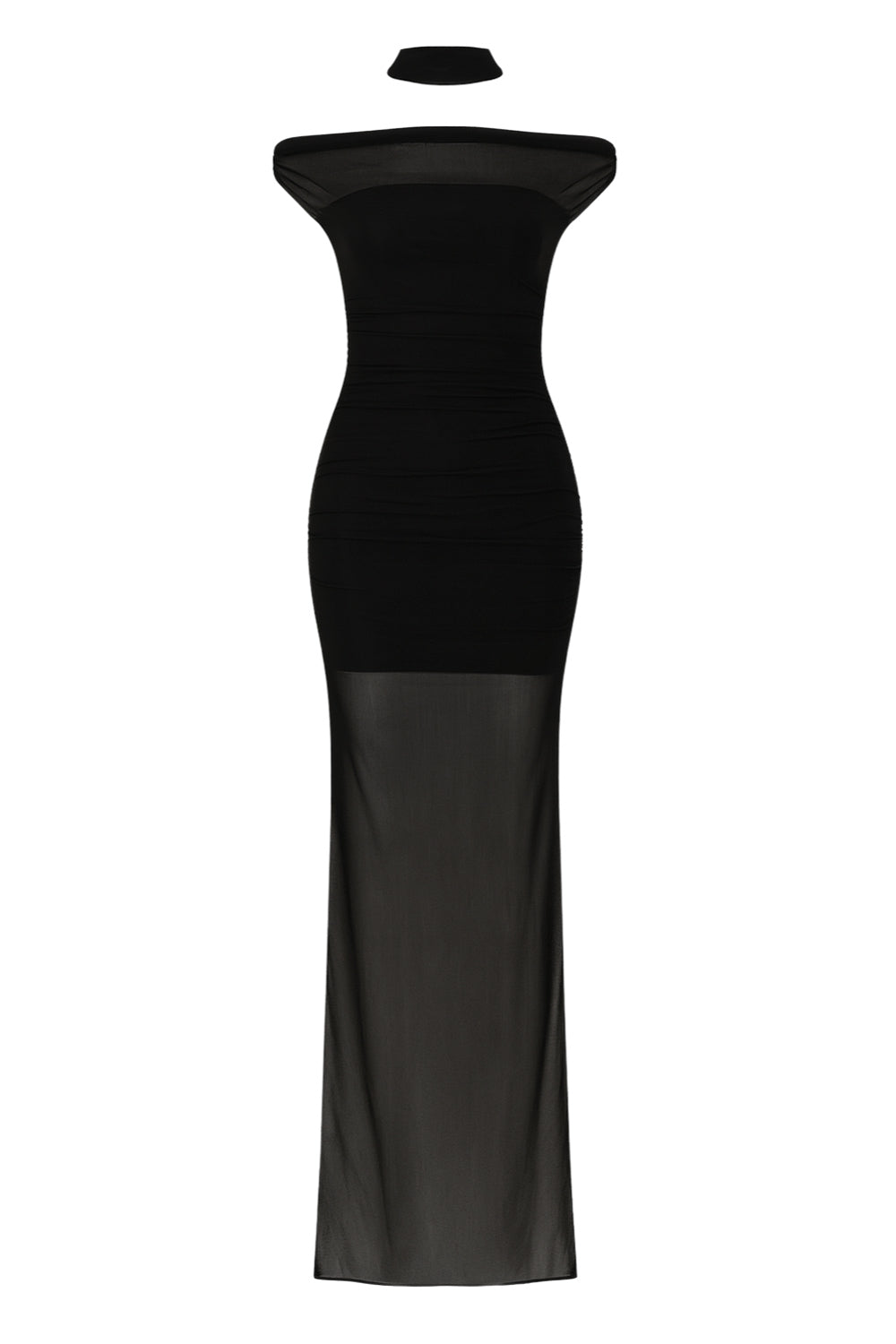 Vestido largo plisado de mesh, fit ajustado, hombros descubiertos, manga corta seguida, escote recto con plisados frontales, en hombros y costados. Detalle de transparencia en bajo y choker.