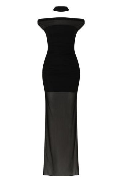 Vestido largo plisado de mesh, fit ajustado, hombros descubiertos, manga corta seguida, escote recto con plisados frontales, en hombros y costados. Detalle de transparencia en bajo y choker.