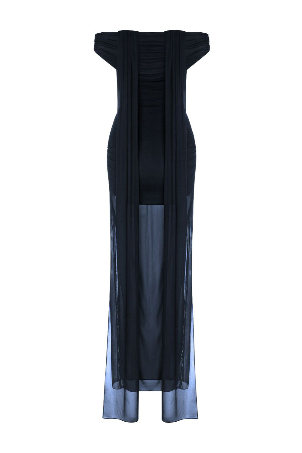 Vestido largo plisado de mesh, fit ajustado, hombros descubiertos, manga corta seguida, escote recto con plisados frontales, en hombros y costados. Detalle de transparencia en bajo y choker.