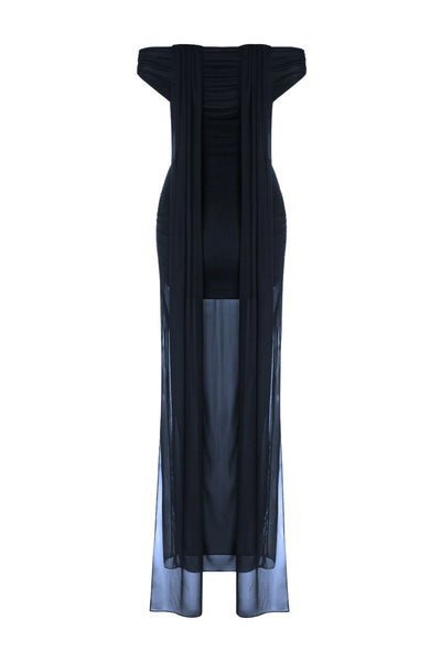 Vestido largo plisado de mesh, fit ajustado, hombros descubiertos, manga corta seguida, escote recto con plisados frontales, en hombros y costados. Detalle de transparencia en bajo y choker.