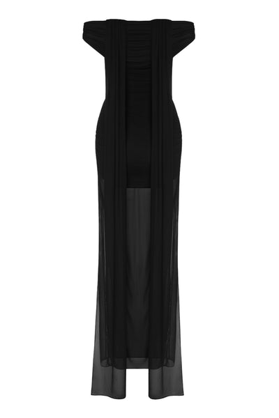 Vestido largo plisado de mesh, fit ajustado, hombros descubiertos, manga corta seguida, escote recto con plisados frontales, en hombros y costados. Detalle de transparencia en bajo y choker.