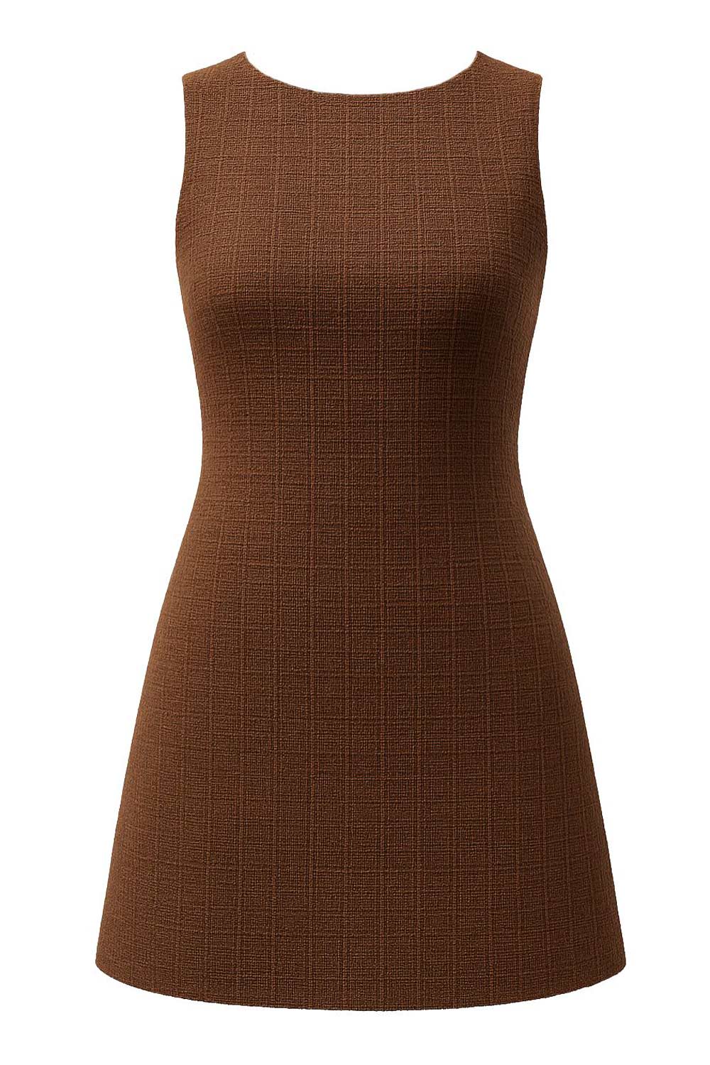 Vestido corto de fit recto, sin mangas, cuello barco y escote en espalda con lazo amarrable posterior.