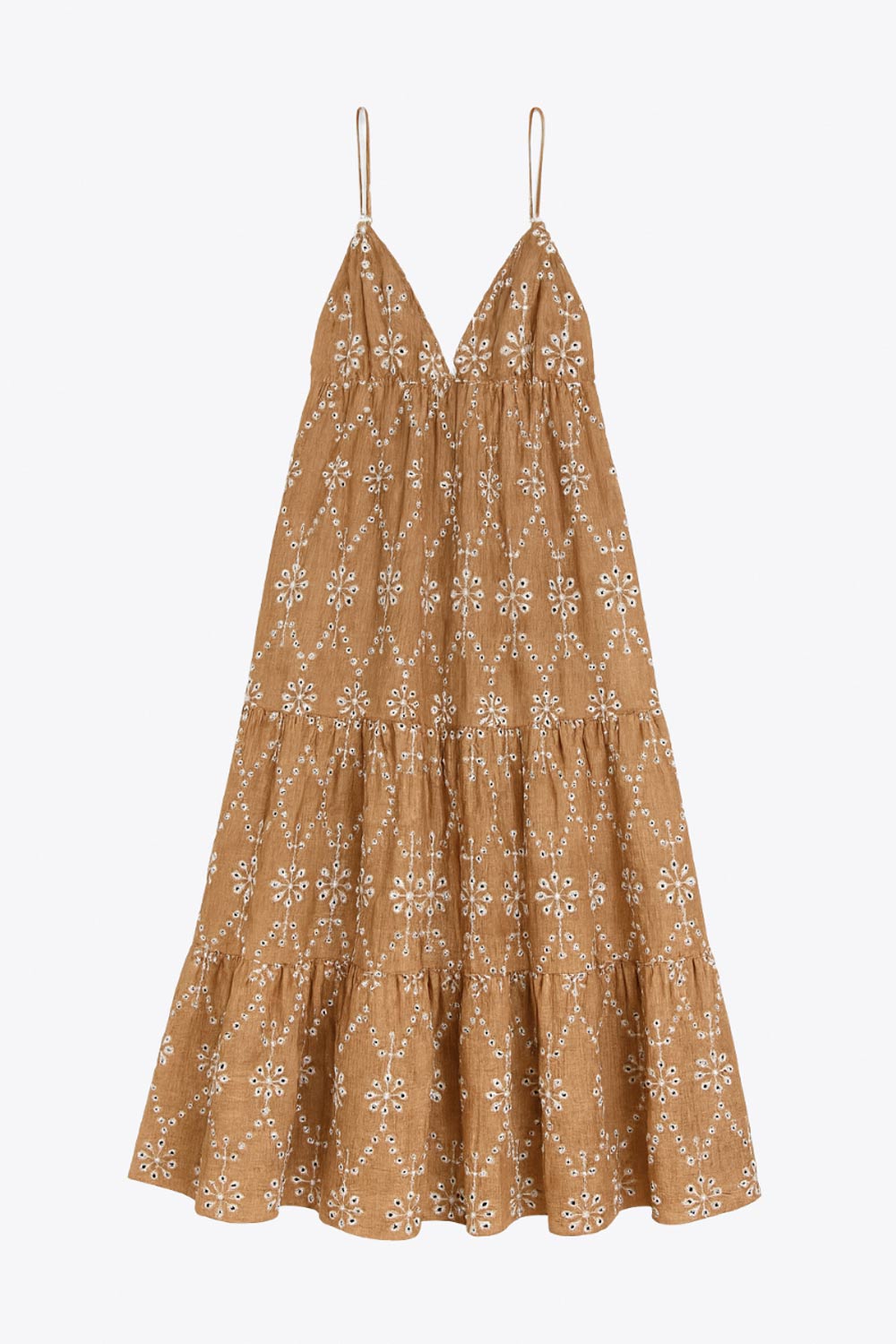 Vestido midi bordado de fit fluido, corte en a, tirantes delgados ajustables, escote v, bajo con capas de olanes y escote en espalda con lazo amarrable posterior. Detalle de rib elástico en cintura y bordado con perforado en tejido.