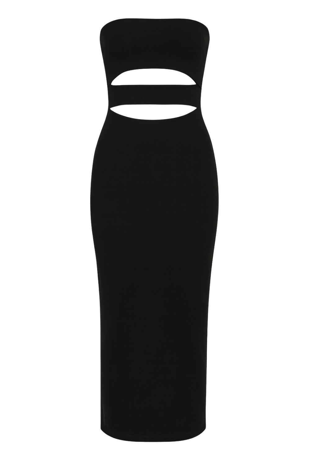 Vestido midi de fit ajustado, strapless, escote recto y detalle de cut outs frontales. Cierre posterior con cremallera visible en contraste y abertura en bajo.