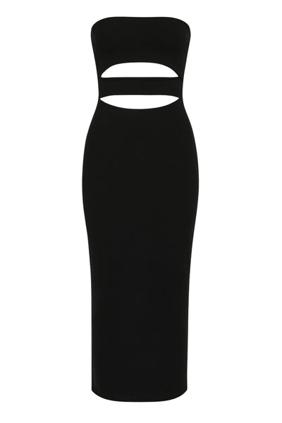 Vestido midi de fit ajustado, strapless, escote recto y detalle de cut outs frontales. Cierre posterior con cremallera visible en contraste y abertura en bajo.