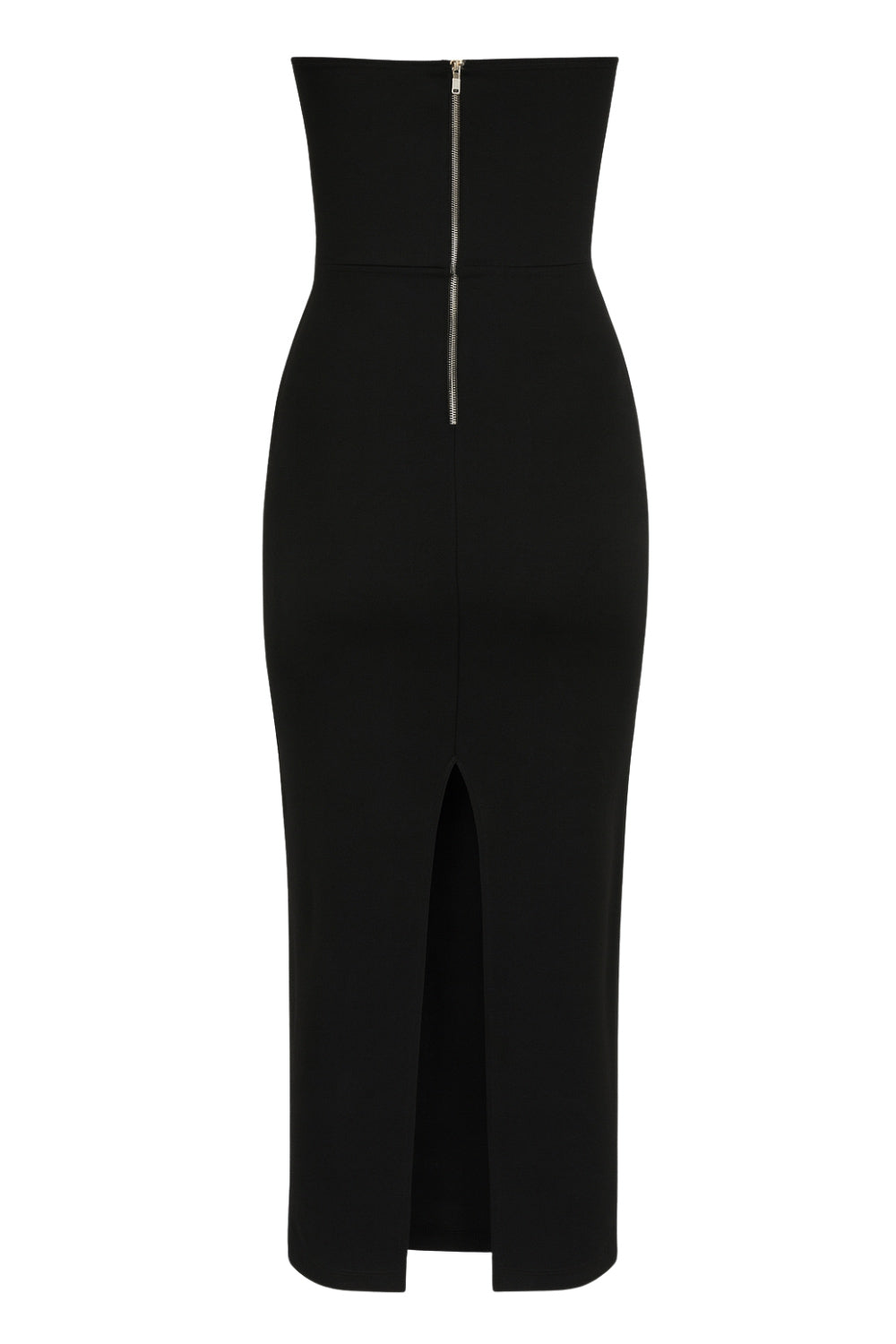 Vestido midi de fit ajustado, strapless, escote recto y detalle de cut outs frontales. Cierre posterior con cremallera visible en contraste y abertura en bajo.