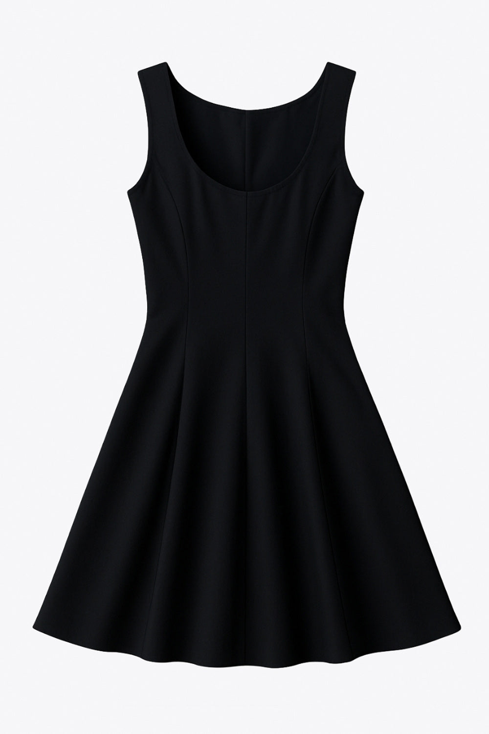 Vestido corto de cuello barco, sin mangas, cortes frontales, escote en espalda y corte en a con olanes en bajo.