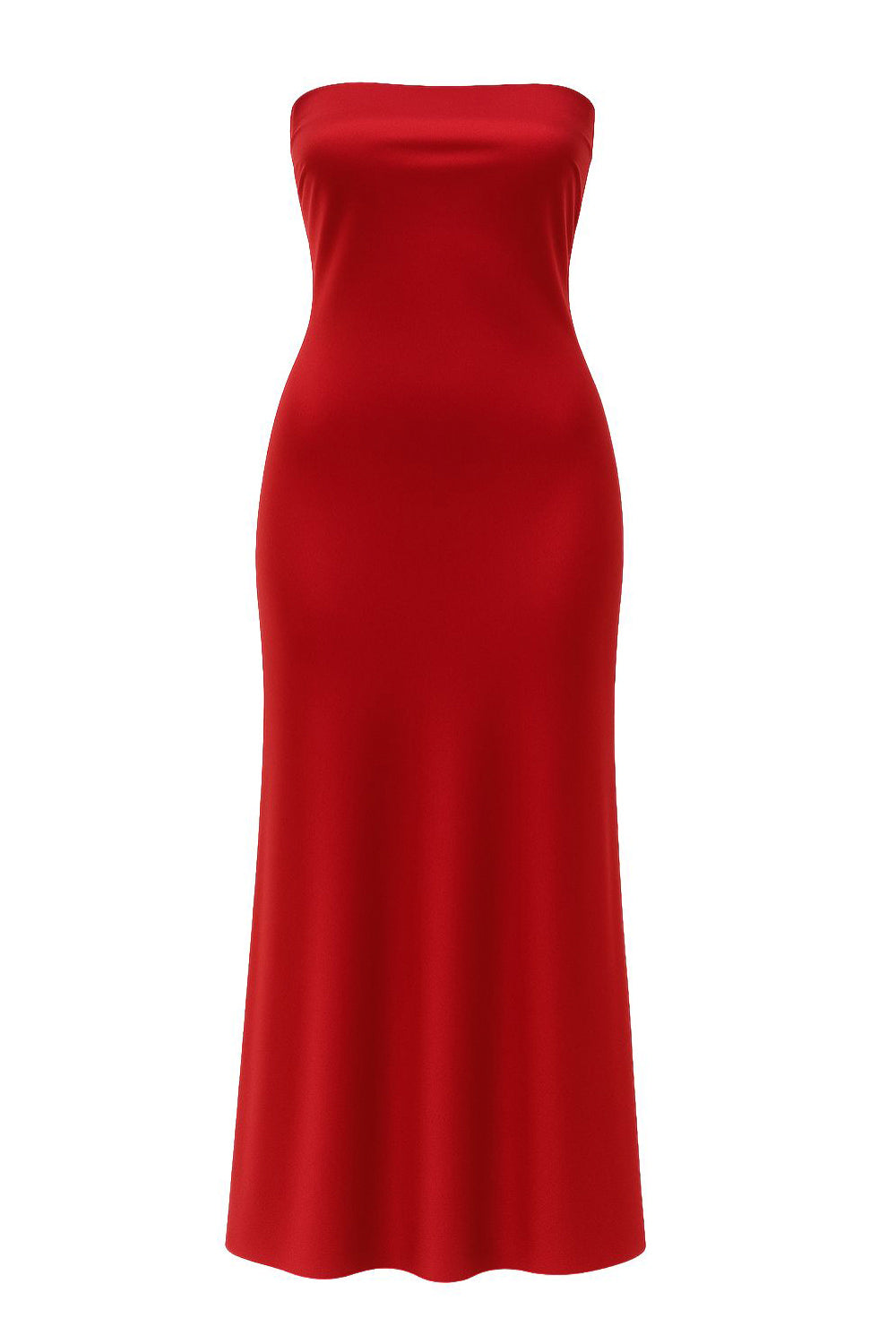 Vestido largo satinado fit ajustado, strapless y escote recto.