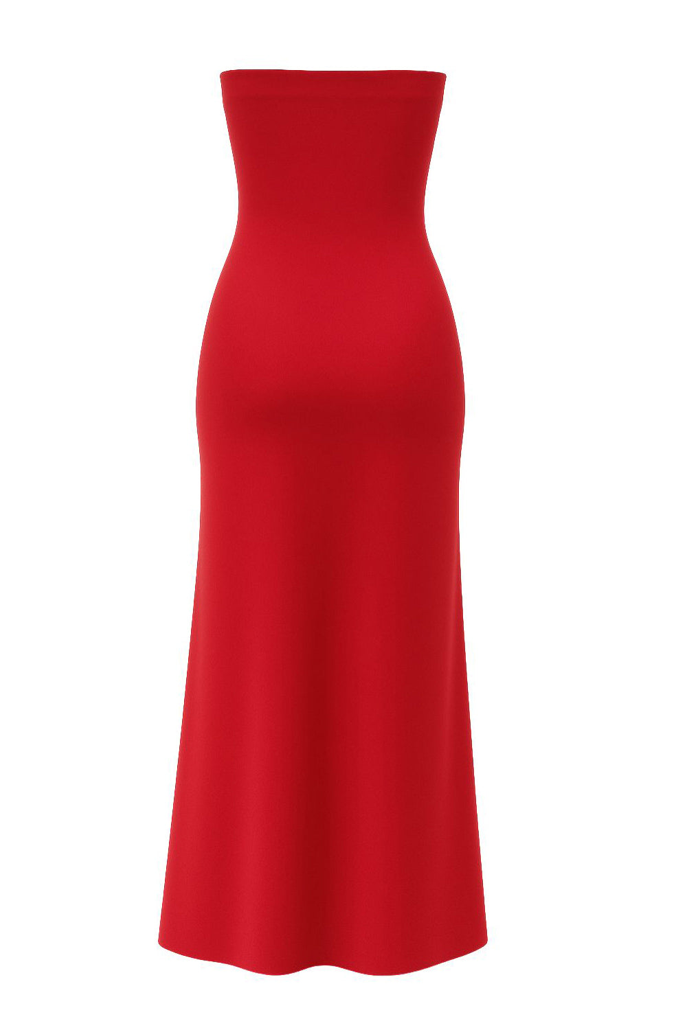 Vestido largo satinado fit ajustado, strapless y escote recto.