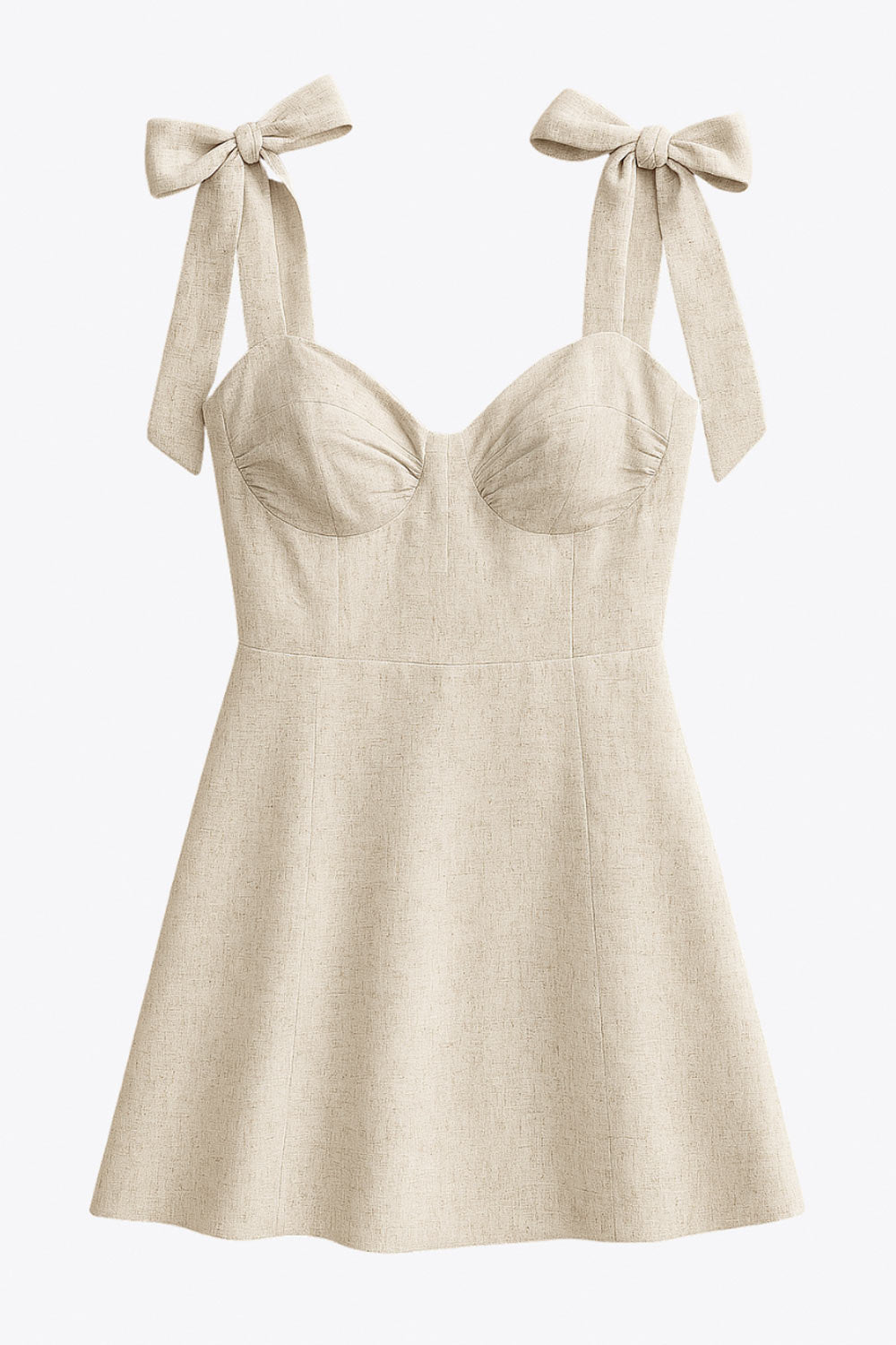 Vestido corto de tirantes con nudo amarrable, escote corazón con cortes y plisados, fit ajustado, corte en a y cierre posterior con cremallera oculta.